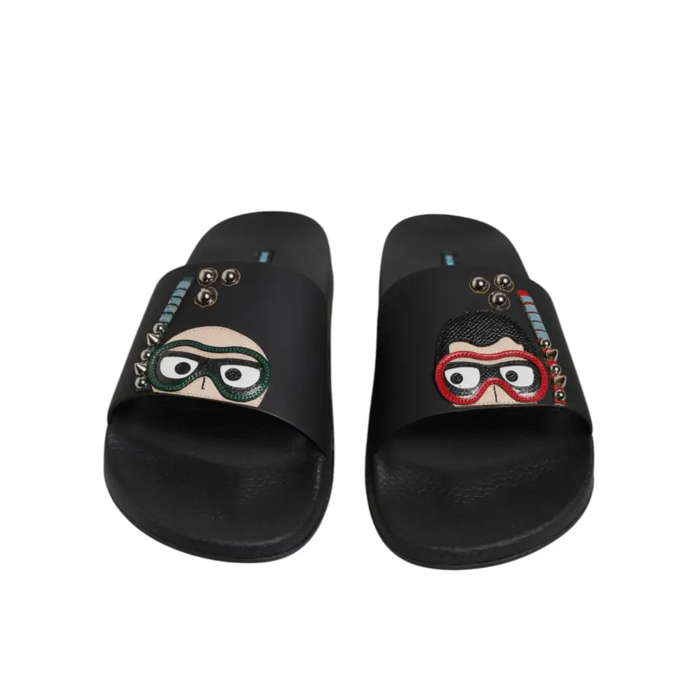 Dolce & Gabbana Schwarz Divers Leder Flats Slides Sandalen Beachwear Schuhe - EU46/US13