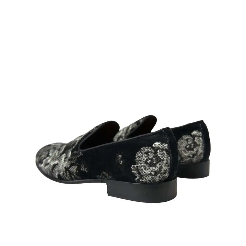 Dolce & Gabbana Schwarz Floral Hausschuhe Männer Loafers Kleid Schuhe - EU39/US6