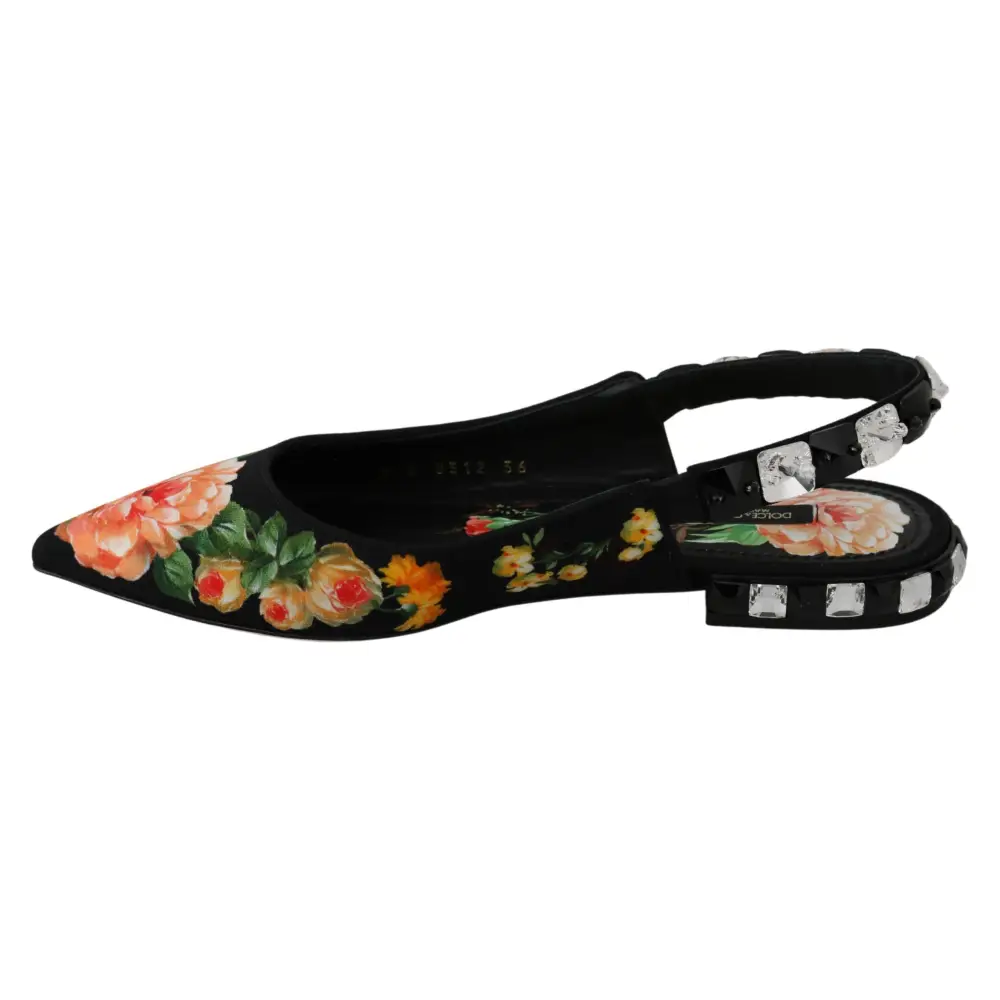 Dolce & Gabbana Schwarz Floral Kristall Slingbacks Flats Schuhe