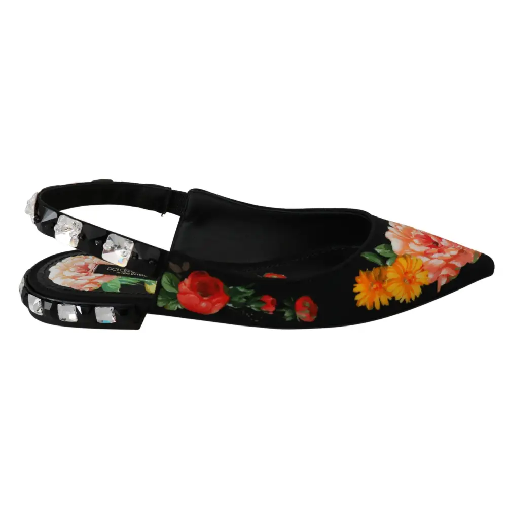 Dolce & Gabbana Schwarz Floral Kristall Slingbacks Flats Schuhe