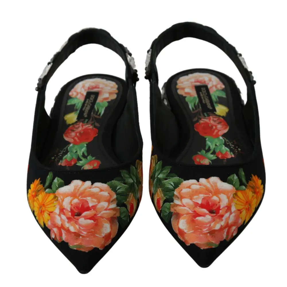 Dolce & Gabbana Schwarz Floral Kristall Slingbacks Flats Schuhe