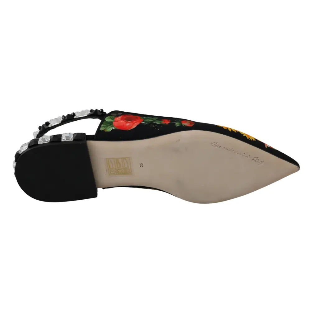 Dolce & Gabbana Schwarz Floral Kristall Slingbacks Flats Schuhe
