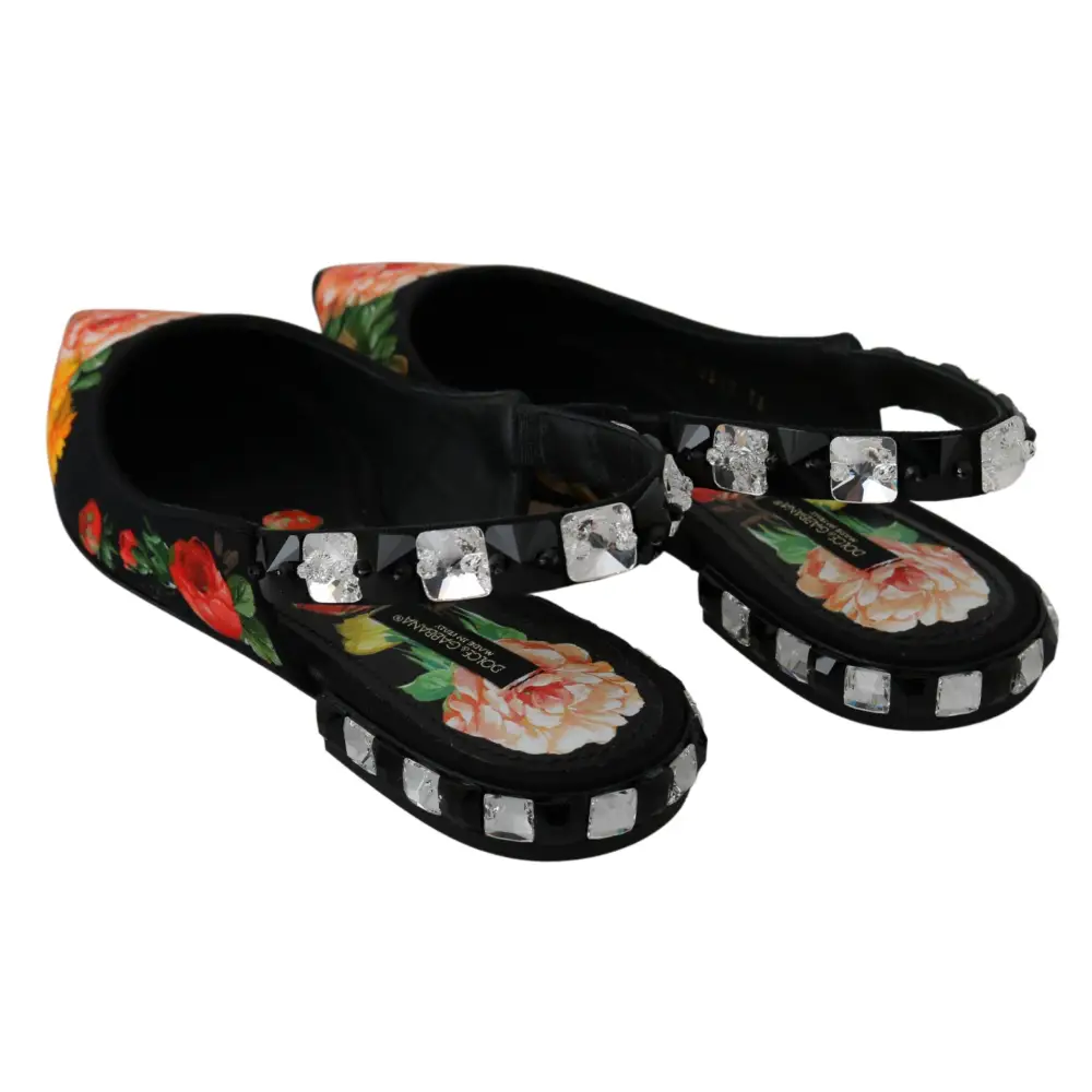 Dolce & Gabbana Schwarz Floral Kristall Slingbacks Flats Schuhe