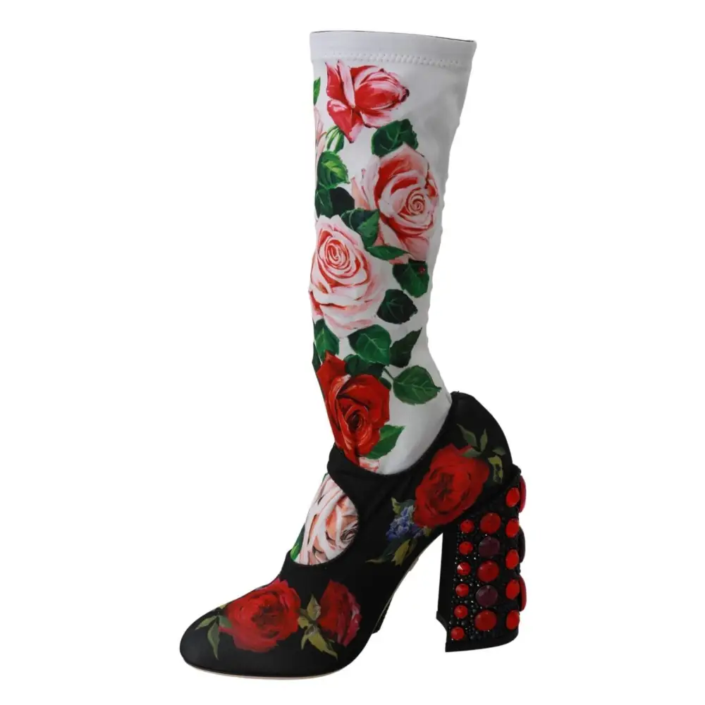 Dolce & Gabbana Schwarz Floral Socken Crystal Jersey Stiefel Schuhe - EU38/US7.5