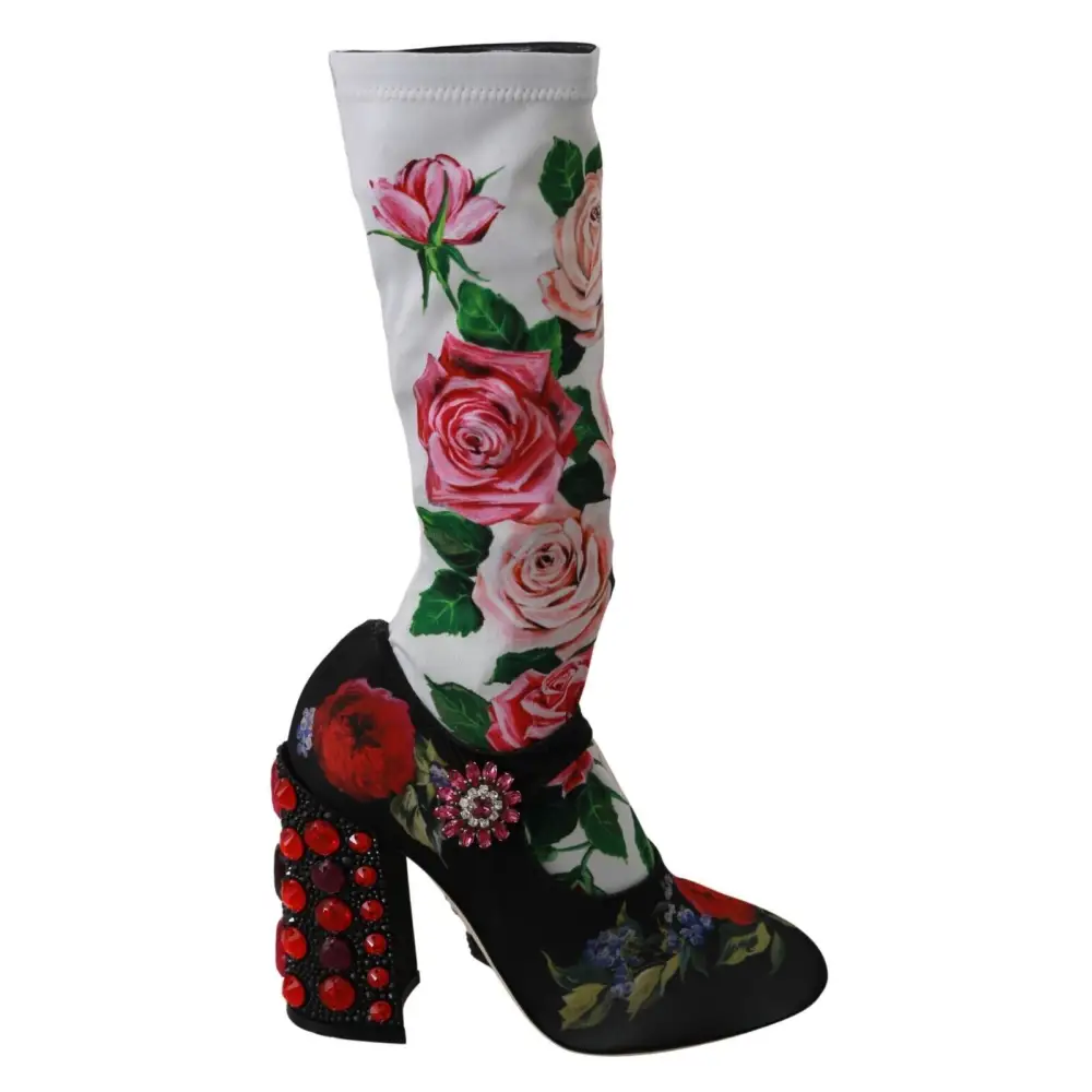 Dolce & Gabbana Schwarz Floral Socken Crystal Jersey Stiefel Schuhe - EU38/US7.5