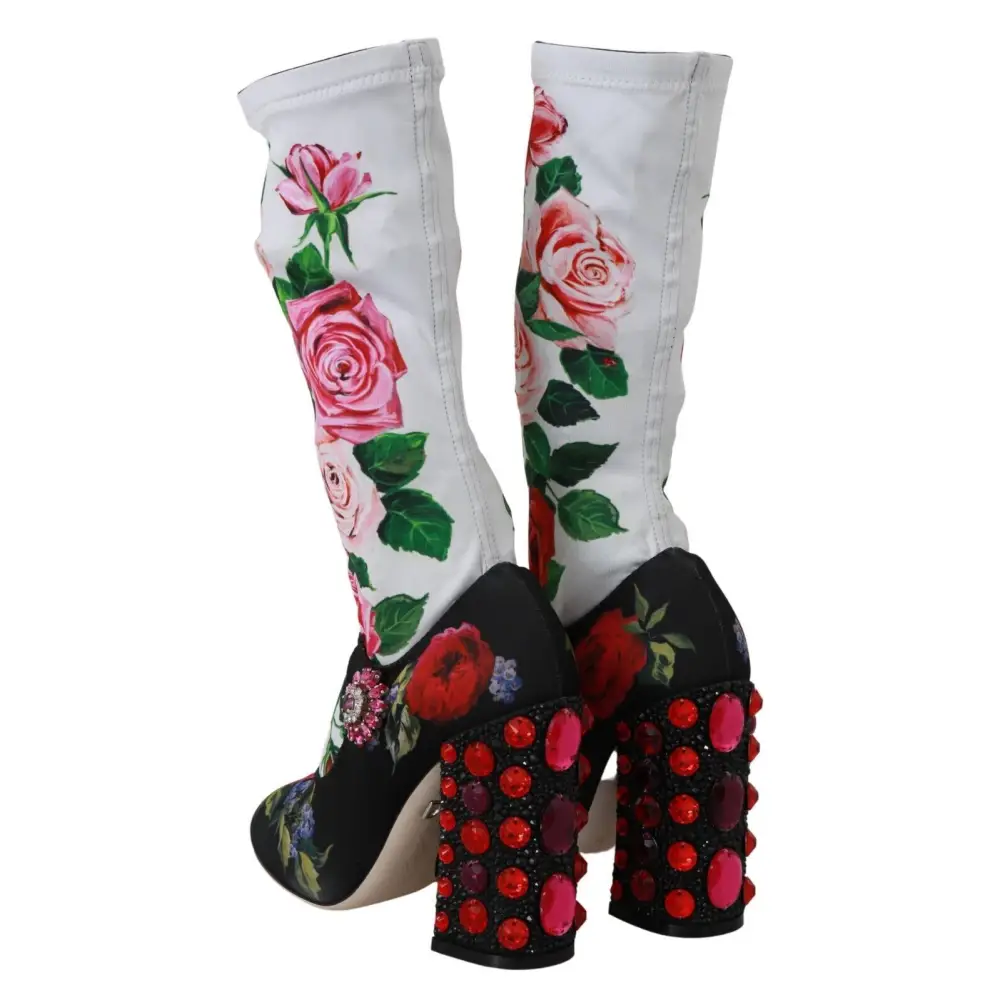 Dolce & Gabbana Schwarz Floral Socken Crystal Jersey Stiefel Schuhe - EU38/US7.5