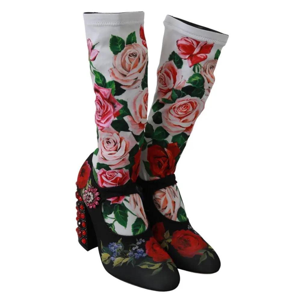 Dolce & Gabbana Schwarz Floral Socken Crystal Jersey Stiefel Schuhe - EU38/US7.5