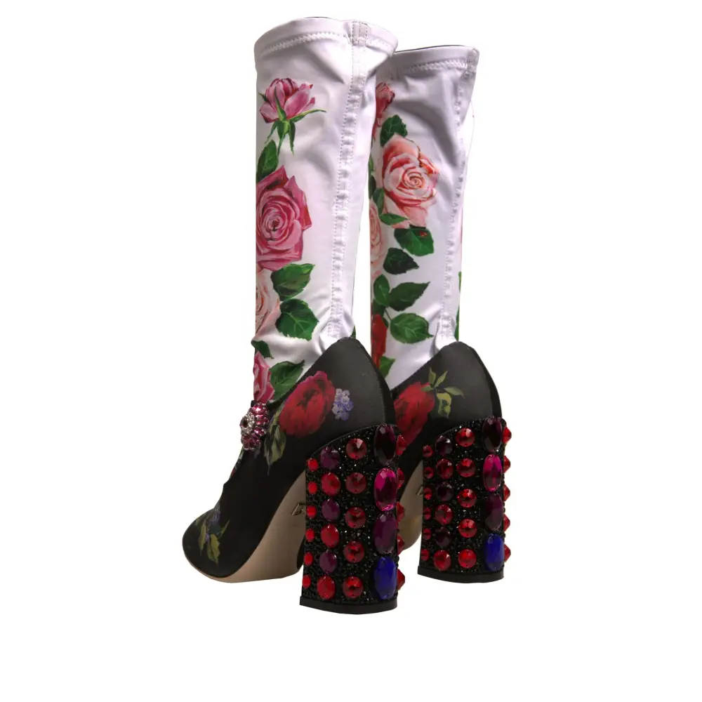 Dolce & Gabbana Schwarz Floral Socken Kristall Stiefel Jersey Schuhe - EU38/US7.5
