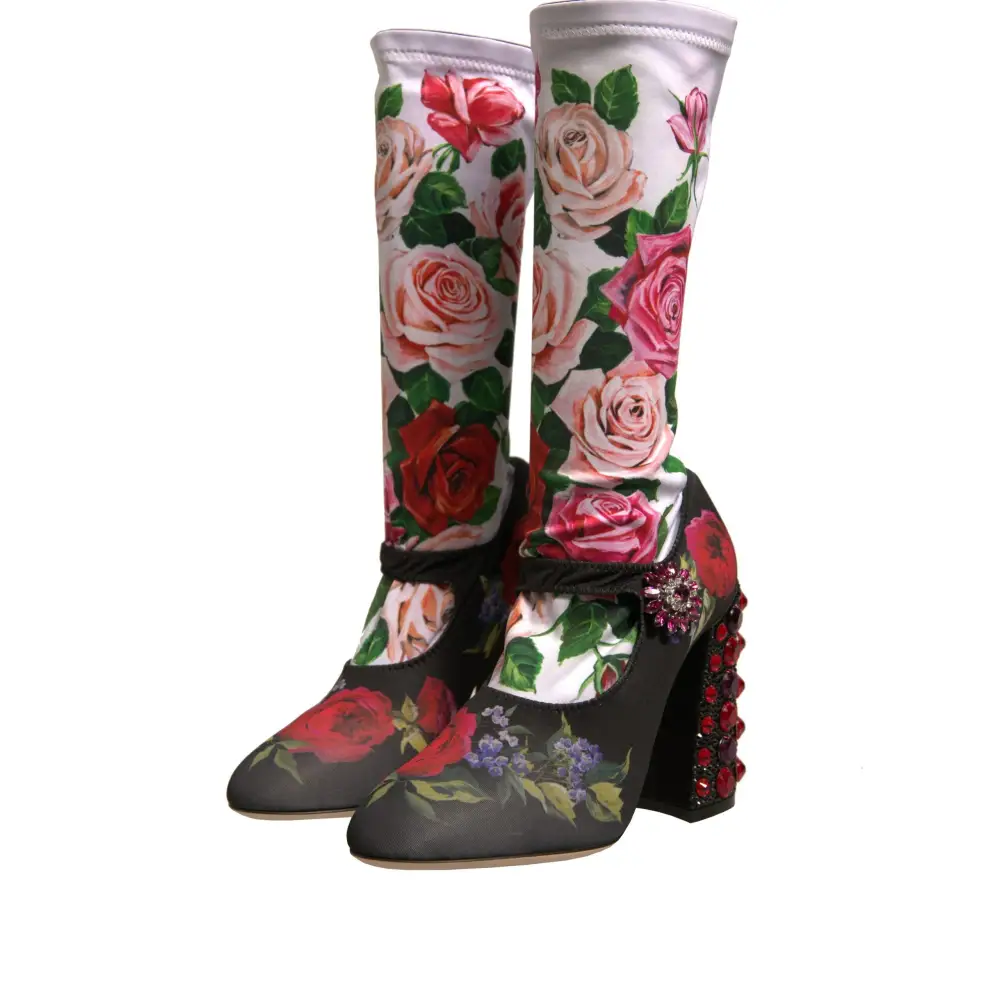 Dolce & Gabbana Schwarz Floral Socken Kristall Stiefel Jersey Schuhe - EU38/US7.5
