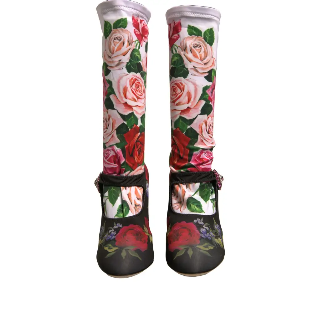 Dolce & Gabbana Schwarz Floral Socken Kristall Stiefel Jersey Schuhe - EU38/US7.5