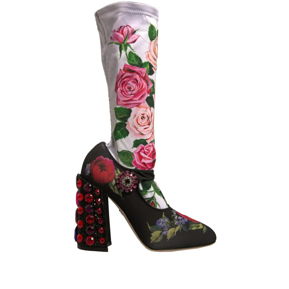 Dolce & Gabbana Schwarz Floral Socken Kristall Stiefel Jersey Schuhe - EU38/US7.5