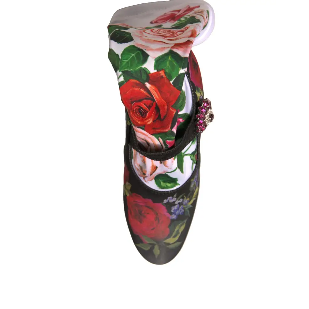 Dolce & Gabbana Schwarz Floral Socken Kristall Stiefel Jersey Schuhe - EU38/US7.5