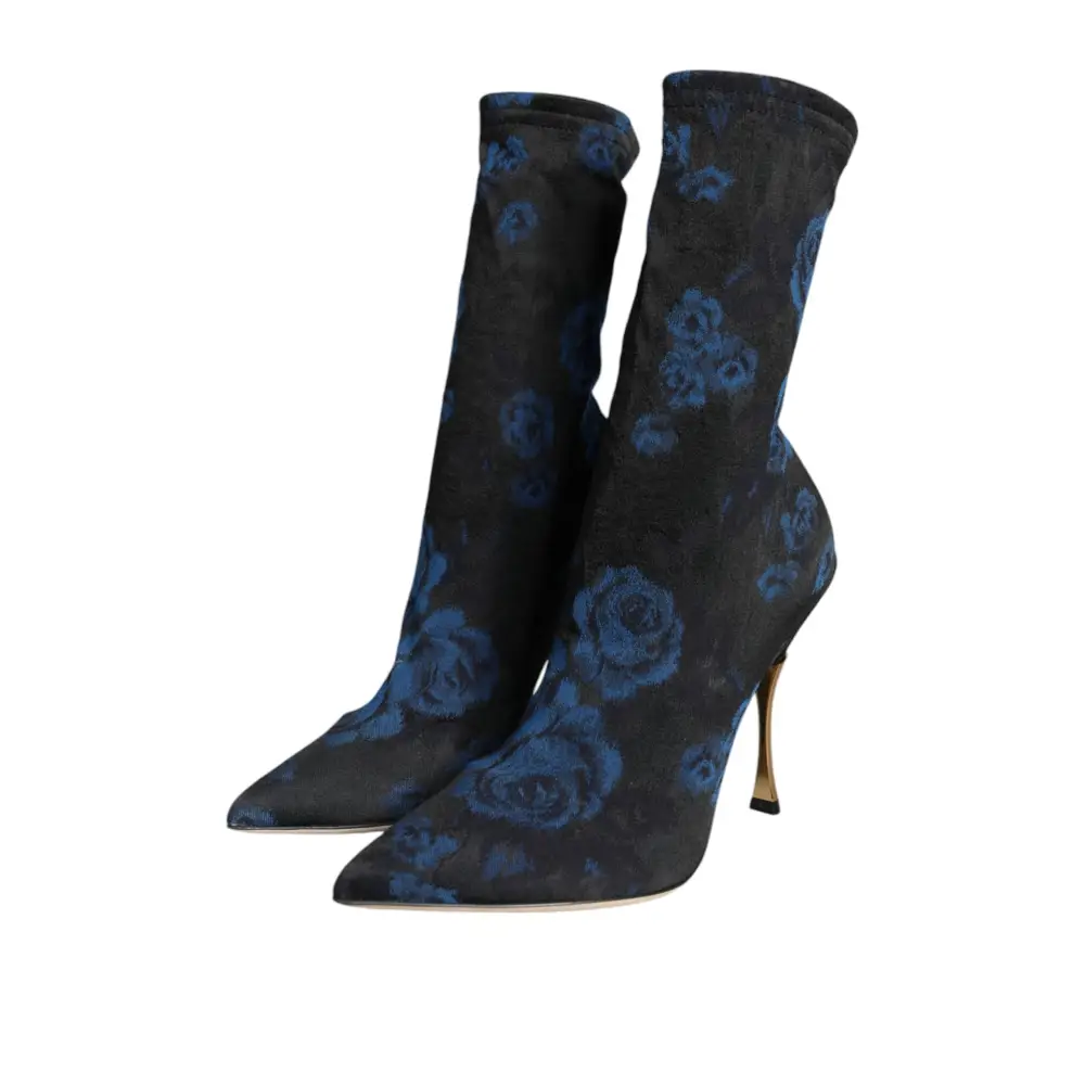 Dolce & Gabbana Schwarz Floral Stretch Mid Calf Stiefel Schuhe - EU38/US7.5