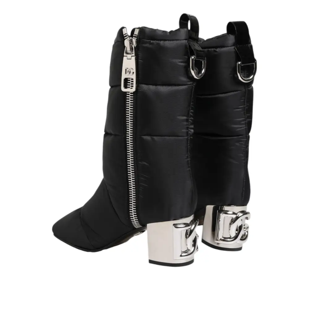 Dolce & Gabbana Schwarz gepolsterte Mid Calf Logo Heel Stiefel Schuhe