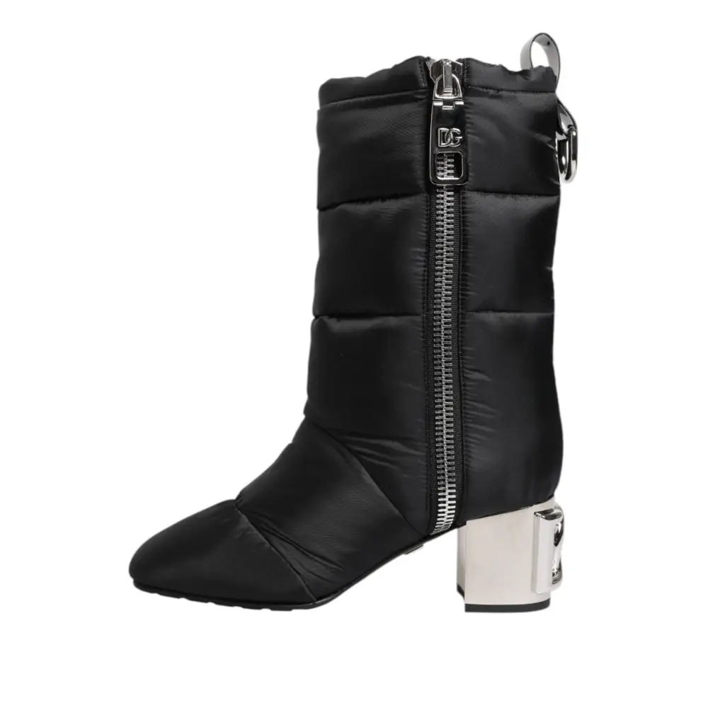 Dolce & Gabbana Schwarz gepolsterte Mid Calf Logo Heel Stiefel Schuhe
