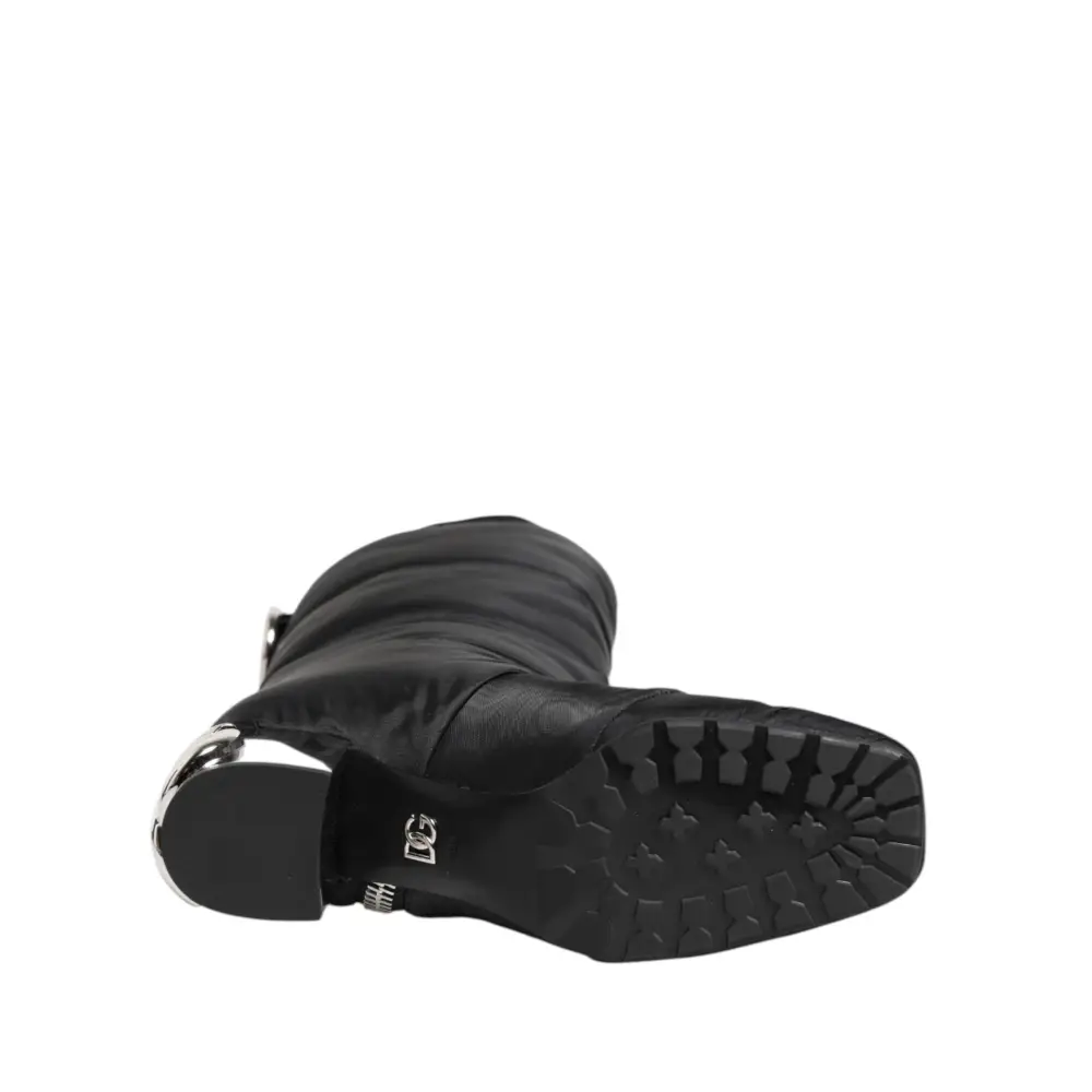 Dolce & Gabbana Schwarz gepolsterte Mid Calf Logo Heel Stiefel Schuhe