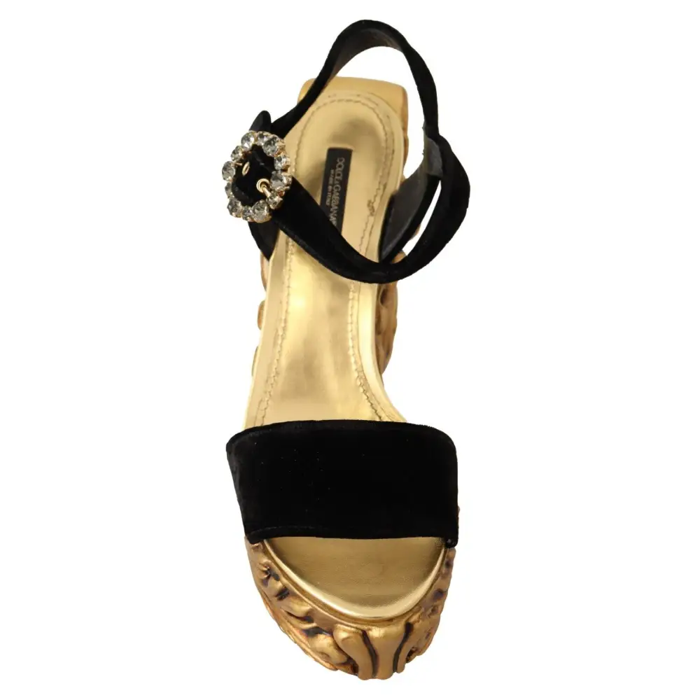 Dolce & Gabbana Schwarz Gold Barock Samt Heels Kristall Schuhe - EU38/US7.5