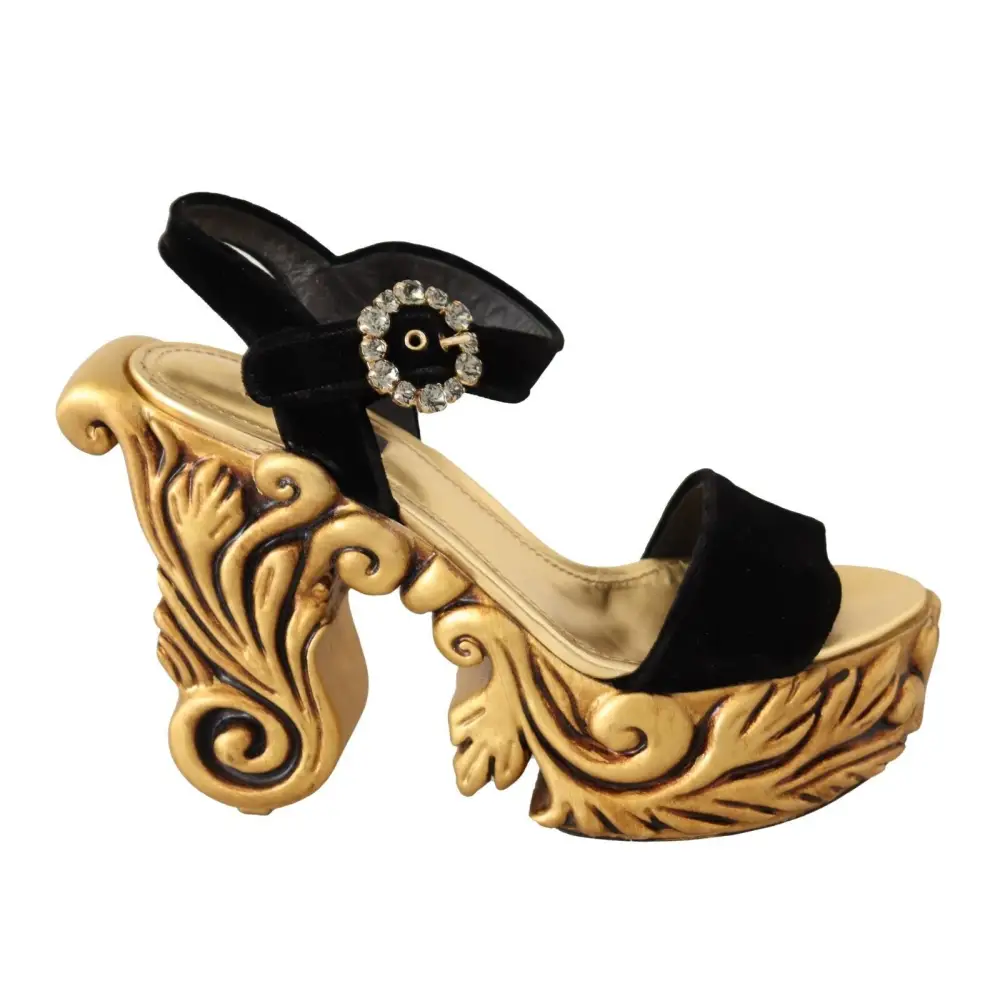 Dolce & Gabbana Schwarz Gold Barock Samt Heels Kristall Schuhe - EU38/US7.5