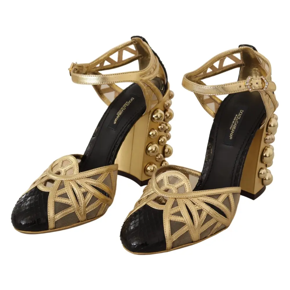Dolce & Gabbana Schwarz Gold Leder Nieten Riemchen Schuhe