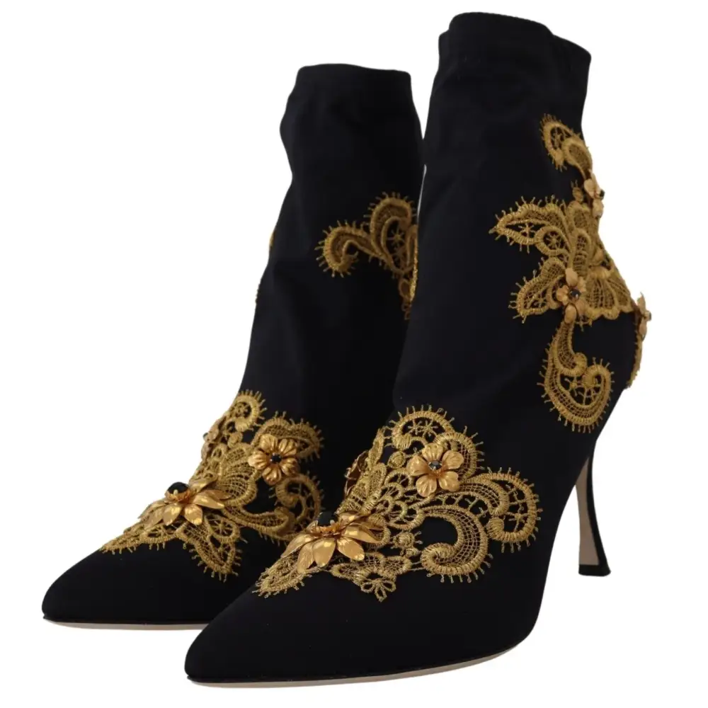 Dolce & Gabbana Schwarz Gold Stickerei Kristall Stiefel Schuhe
