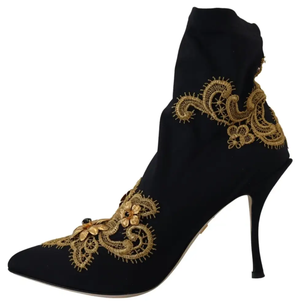 Dolce & Gabbana Schwarz Gold Stickerei Kristall Stiefel Schuhe