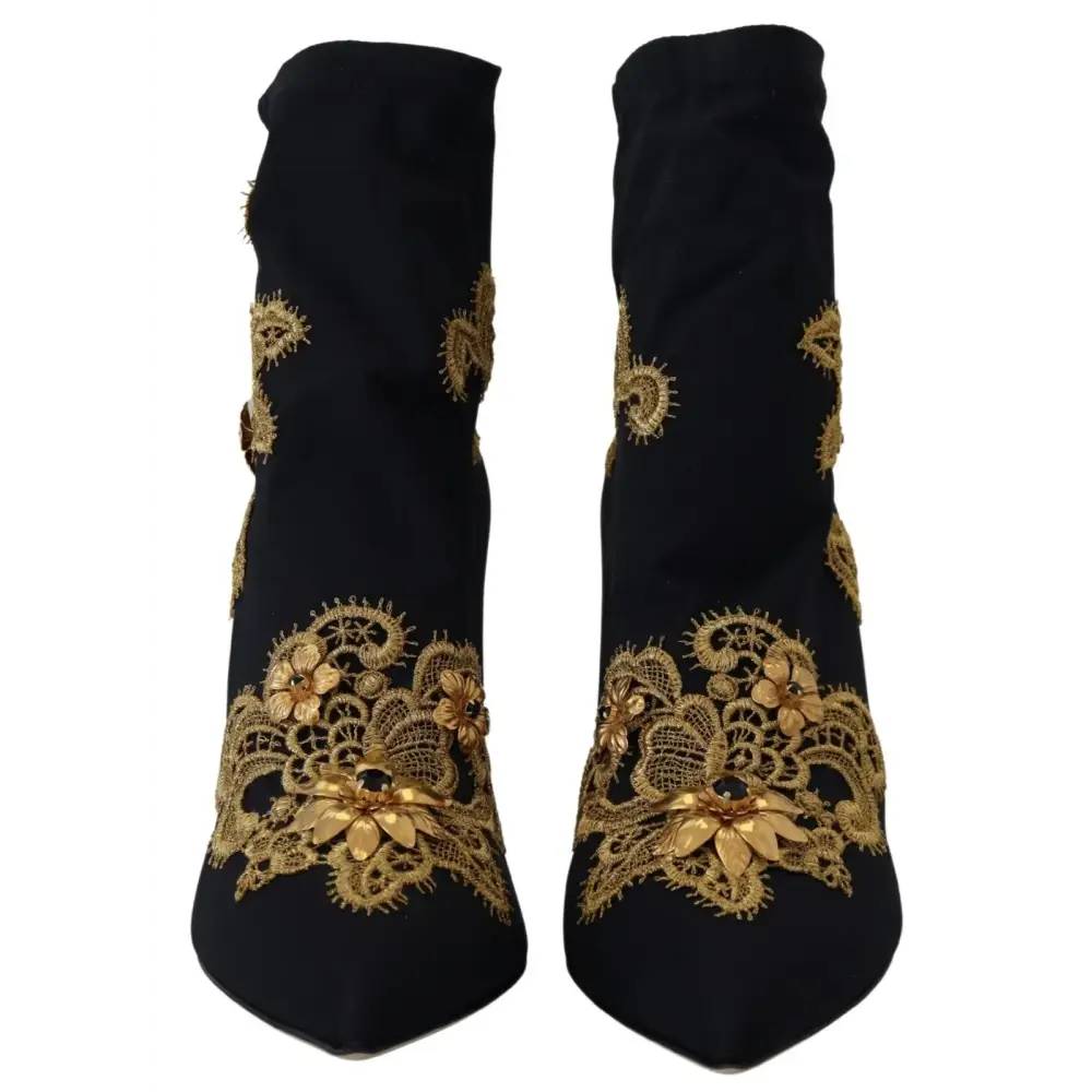 Dolce & Gabbana Schwarz Gold Stickerei Kristall Stiefel Schuhe