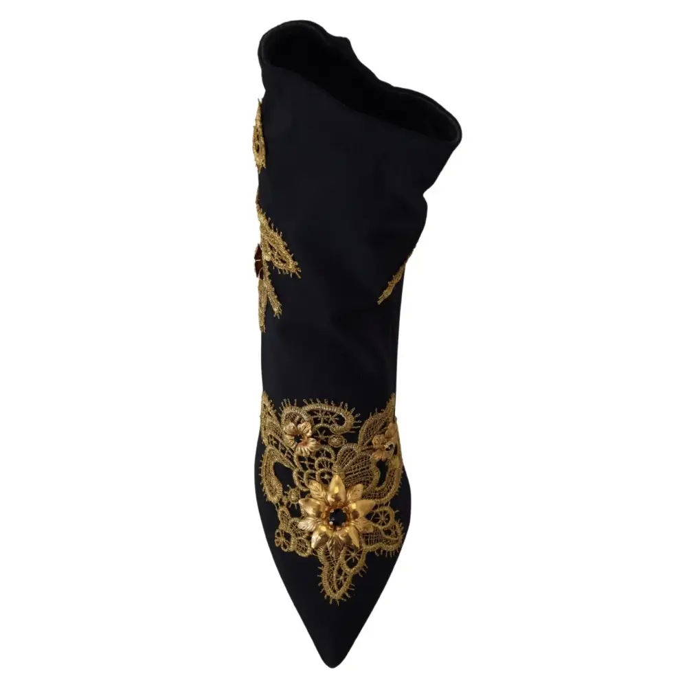 Dolce & Gabbana Schwarz Gold Stickerei Kristall Stiefel Schuhe