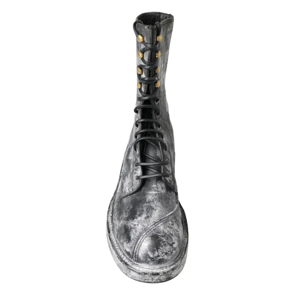 Dolce & Gabbana Schwarz Gray Leder Mid Calf Stiefel Schuhe