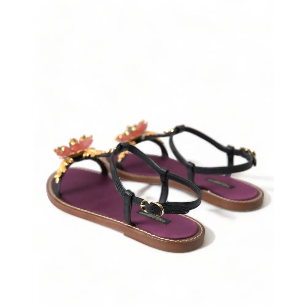 Dolce & Gabbana Schwarz Kristall Gold Sandalen Leder Schuhe