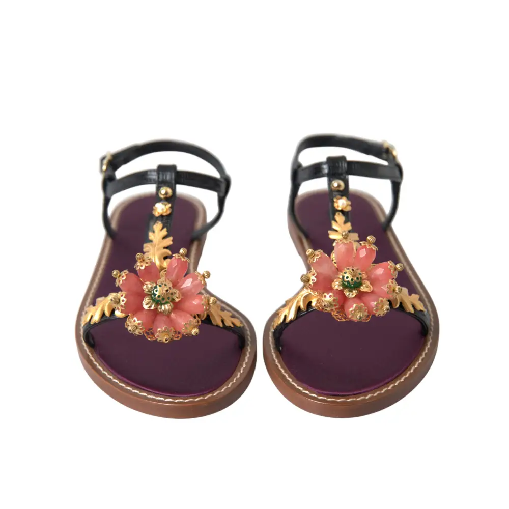 Dolce & Gabbana Schwarz Kristall Gold Sandalen Leder Schuhe