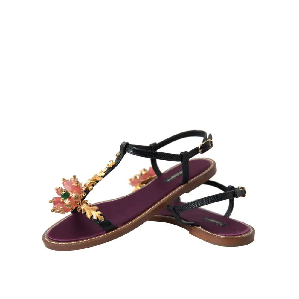Dolce & Gabbana Schwarz Kristall Gold Sandalen Leder Schuhe
