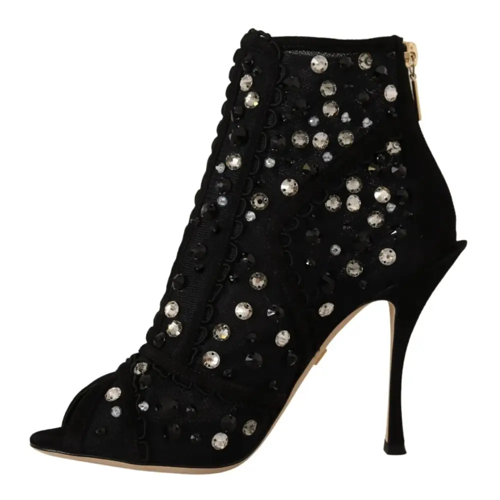 Dolce & Gabbana Schwarz Kristalle Heels Reißverschluss Kurze Stiefel Schuhe