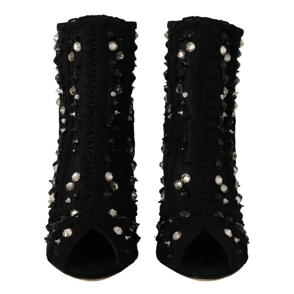 Dolce & Gabbana Schwarz Kristalle Heels Reißverschluss Kurze Stiefel Schuhe