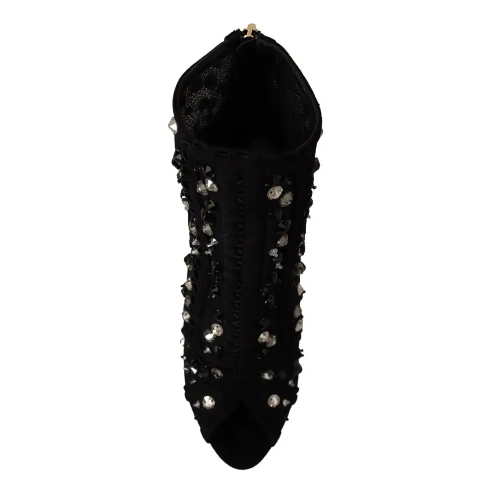 Dolce & Gabbana Schwarz Kristalle Heels Reißverschluss Kurze Stiefel Schuhe