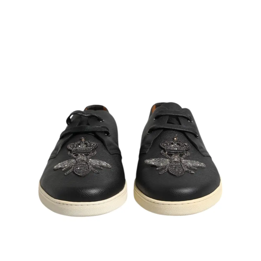 Dolce & Gabbana Schwarz Leder Bee Crown Low Top Sneakers Schuhe - EU42/US9