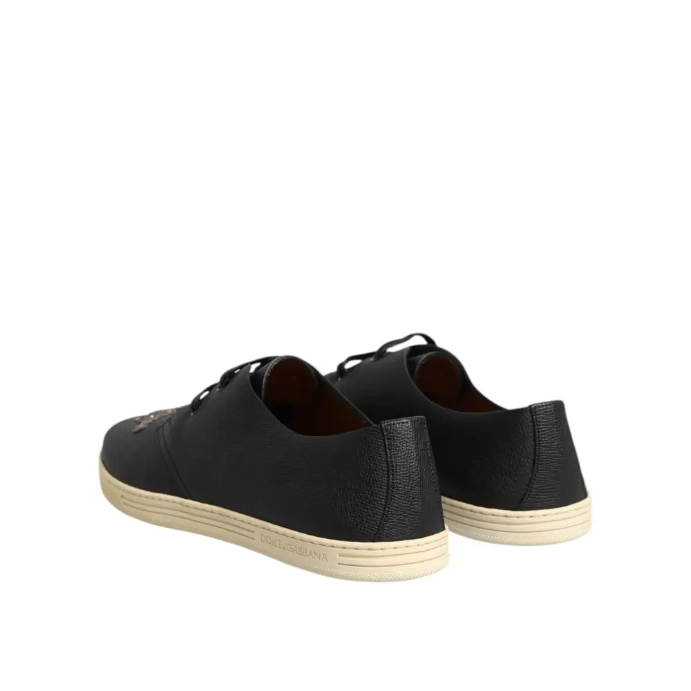 Dolce & Gabbana Schwarz Leder Bee Crown Low Top Sneakers Schuhe - EU42/US9