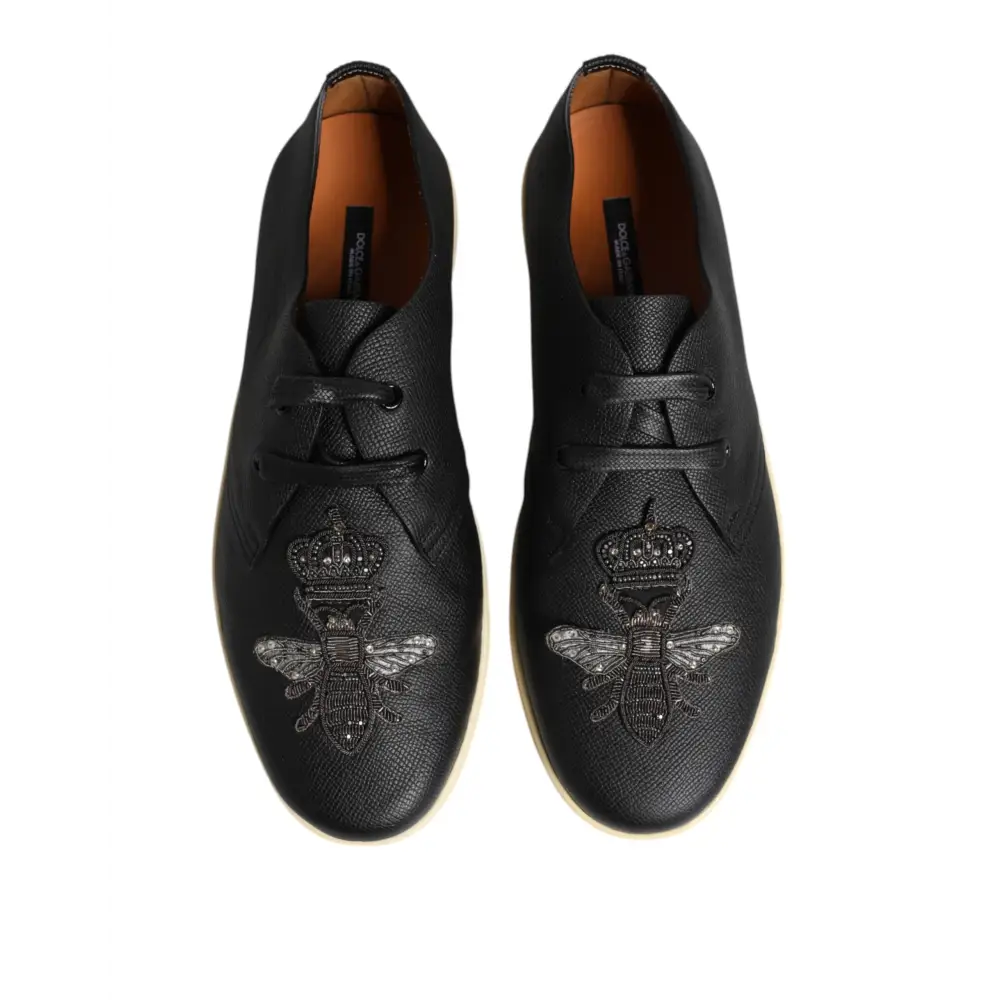 Dolce & Gabbana Schwarz Leder Bee Crown Low Top Sneakers Schuhe - EU42/US9
