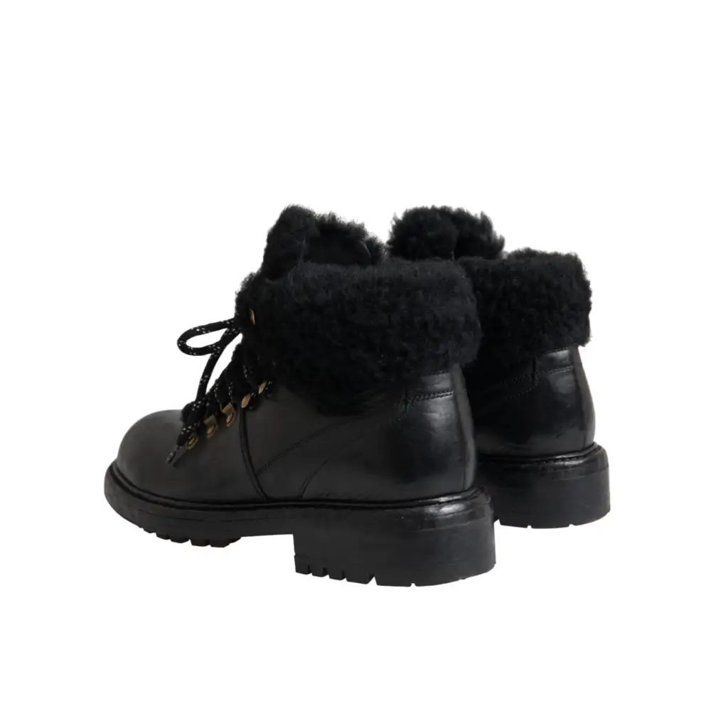 Dolce & Gabbana Schwarz Leder Bernini Shearling Stiefel Schuhe - EU44/US11