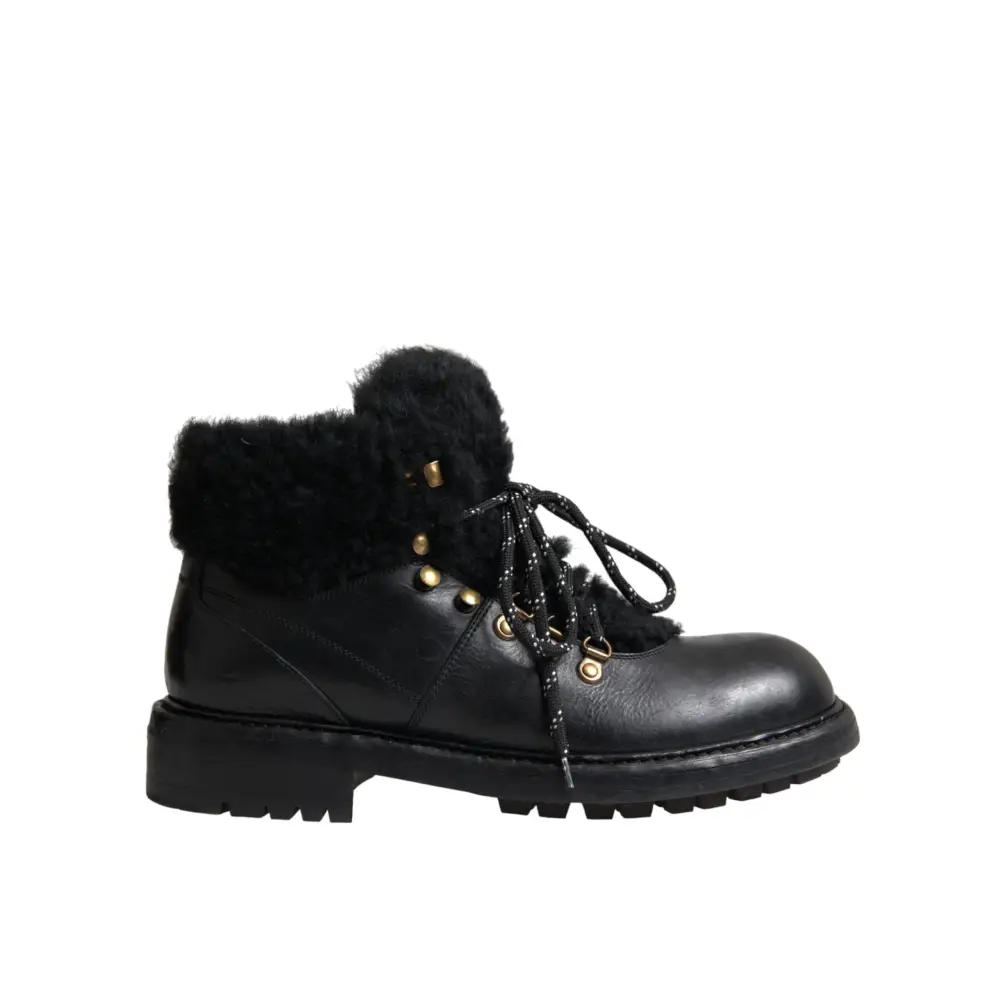 Dolce & Gabbana Schwarz Leder Bernini Shearling Stiefel Schuhe - EU44/US11