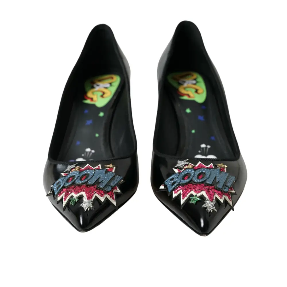 Dolce & Gabbana Schwarz Leder BOOM Patch Heels Pumps Schuhe