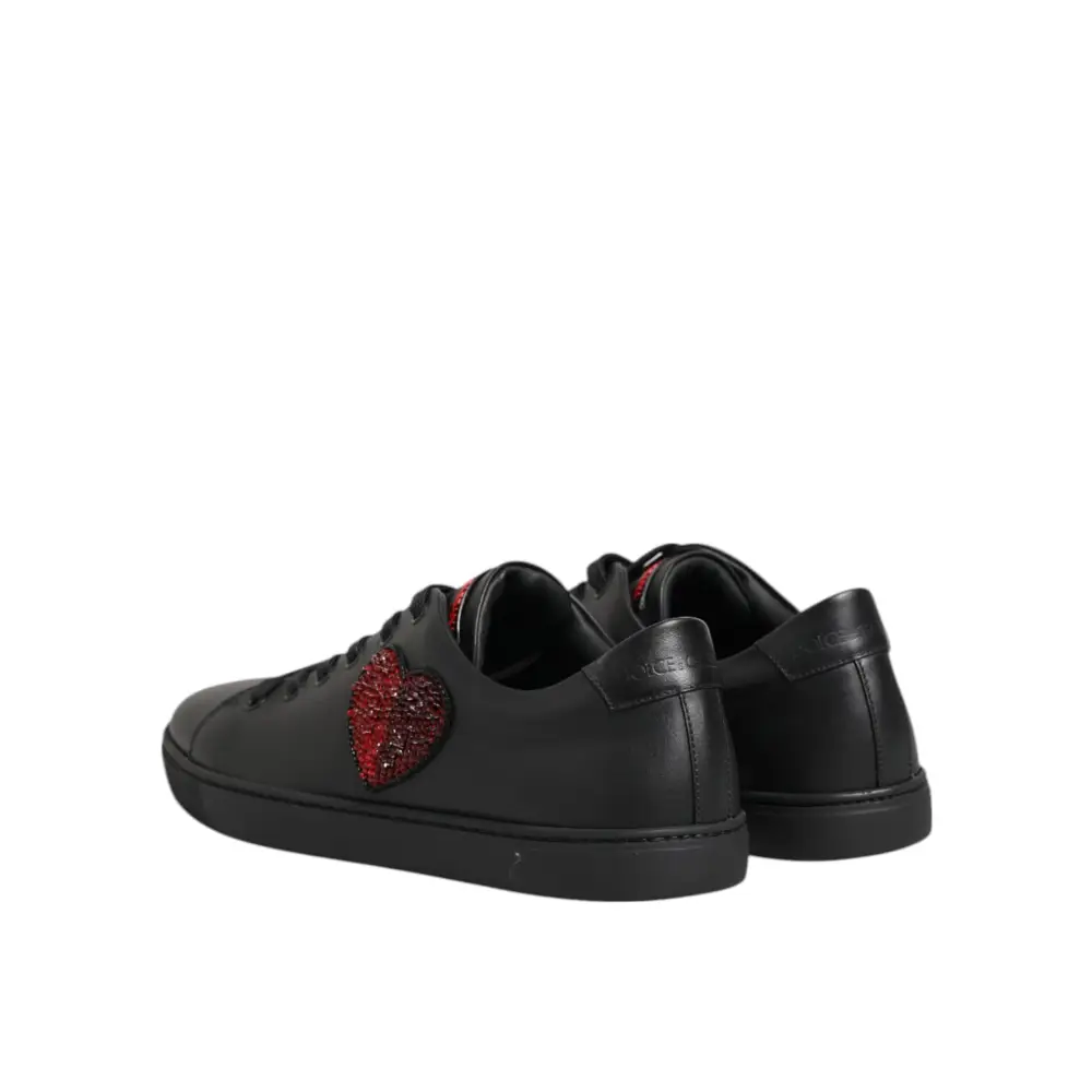 Dolce & Gabbana Schwarz Leder Crystal Heart Low Top Sneakers Schuhe