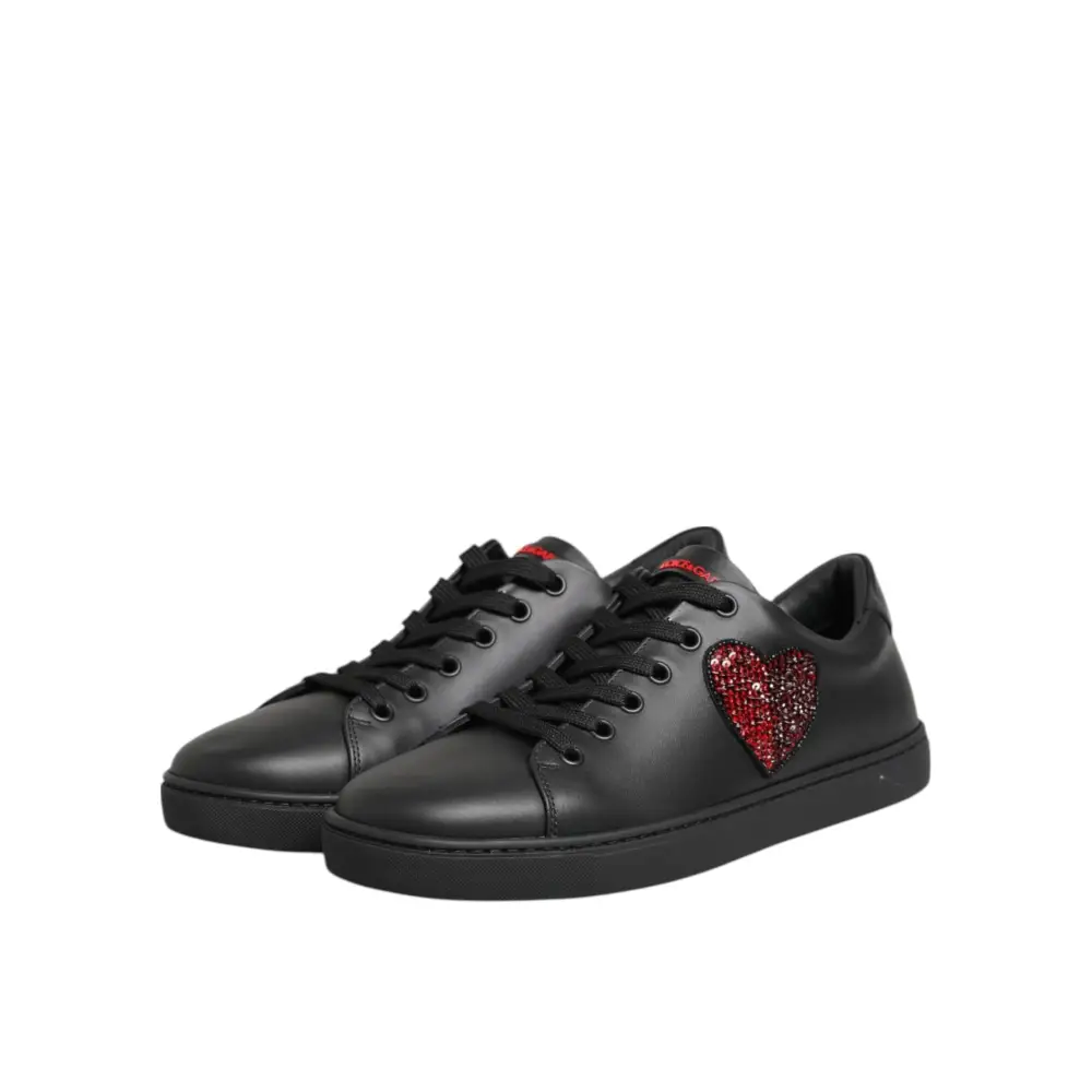 Dolce & Gabbana Schwarz Leder Crystal Heart Low Top Sneakers Schuhe