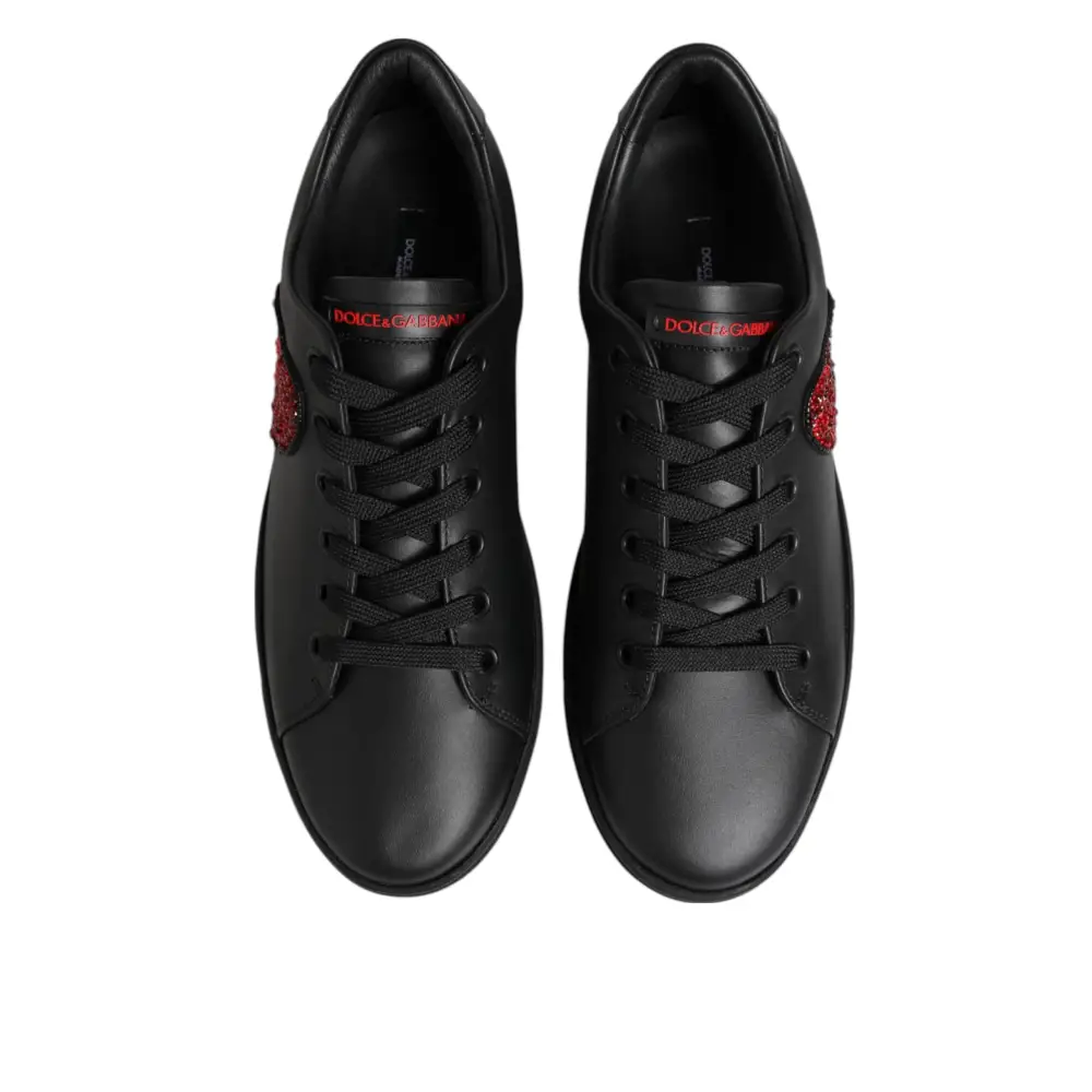 Dolce & Gabbana Schwarz Leder Crystal Heart Low Top Sneakers Schuhe