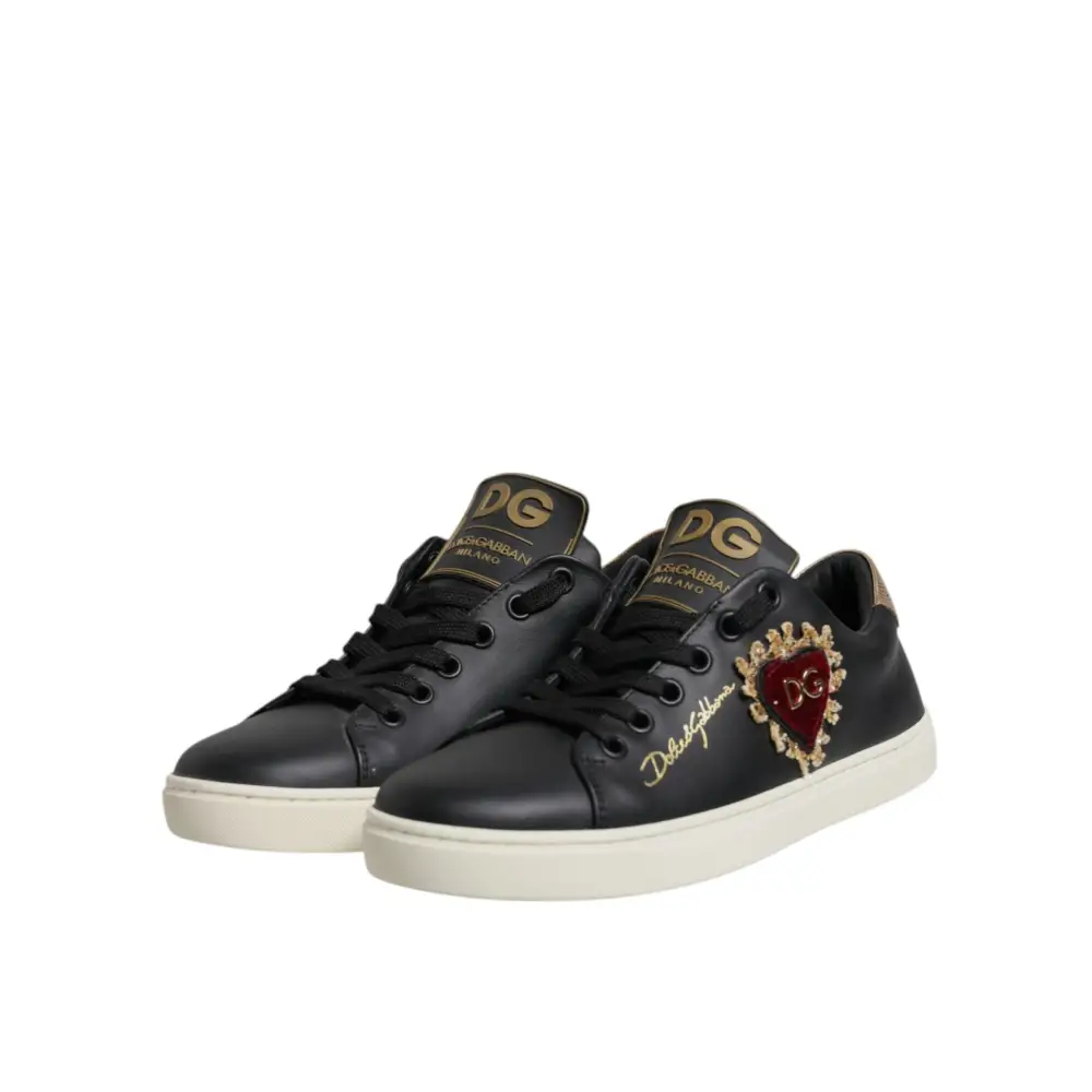 Dolce & Gabbana Schwarz Leder Gold Rot Herz Turnschuhe Schuhe - EU35/US4.5