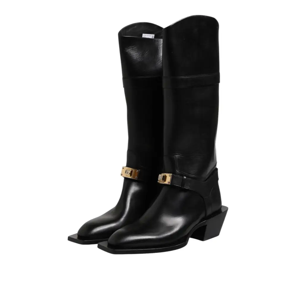 Dolce & Gabbana Schwarz Leder Hohe Stiefel Flache Schuhe - EU43/US10