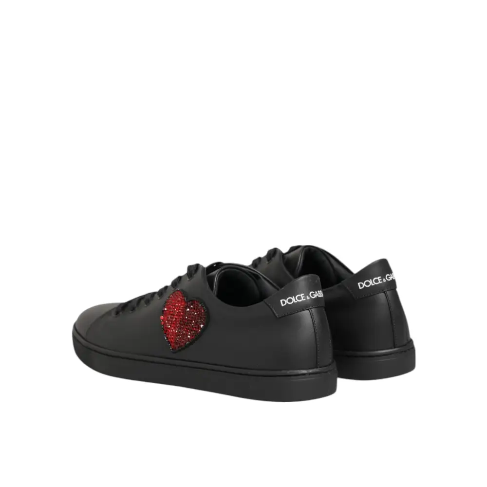 Dolce & Gabbana Schwarz Leder Kristall Herz Turnschuhe Schuhe