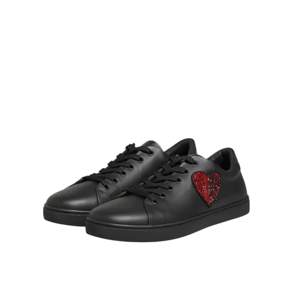 Dolce & Gabbana Schwarz Leder Kristall Herz Turnschuhe Schuhe