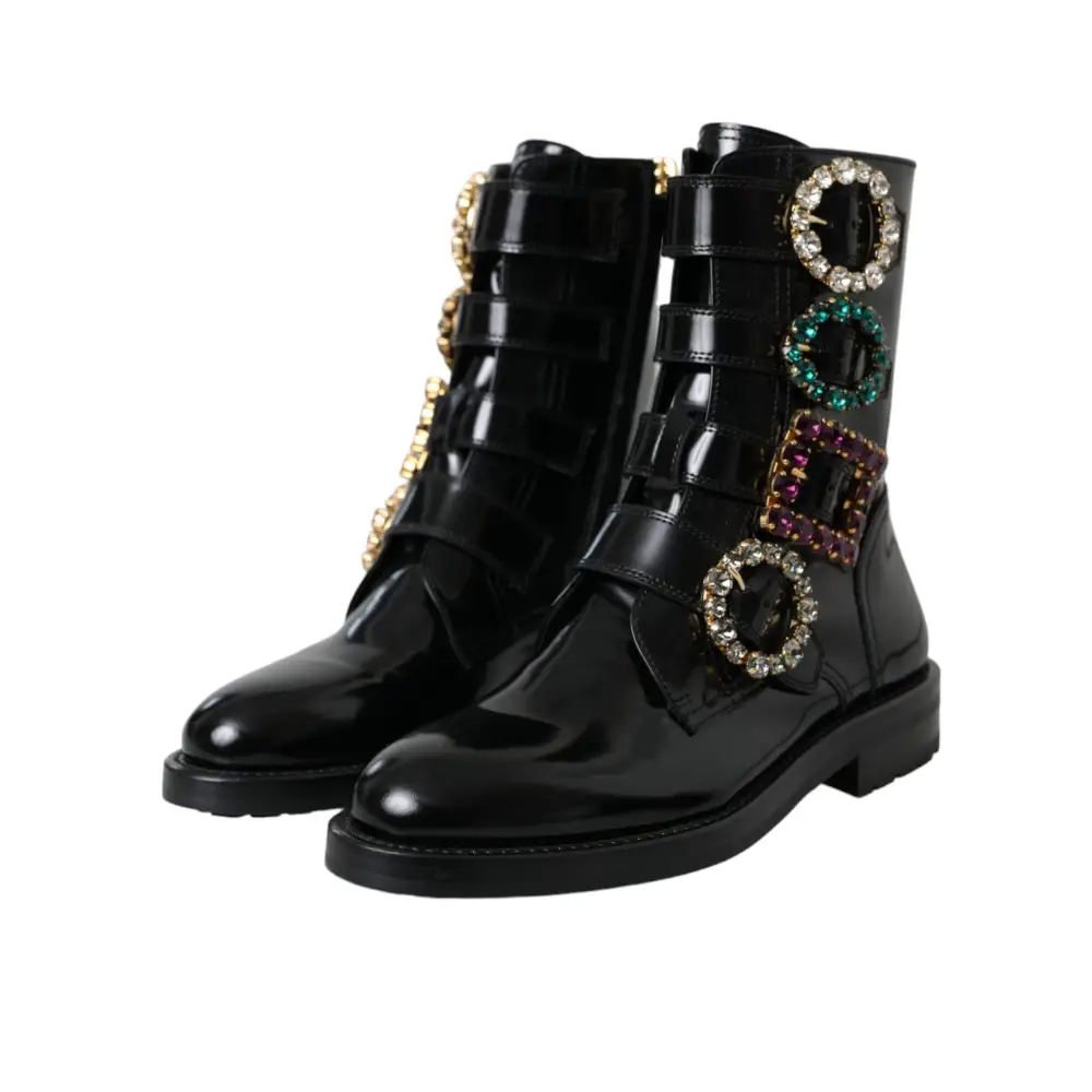 Dolce & Gabbana Schwarz Leder Kristall Schnallen Stiefel Schuhe - EU35/US4.5