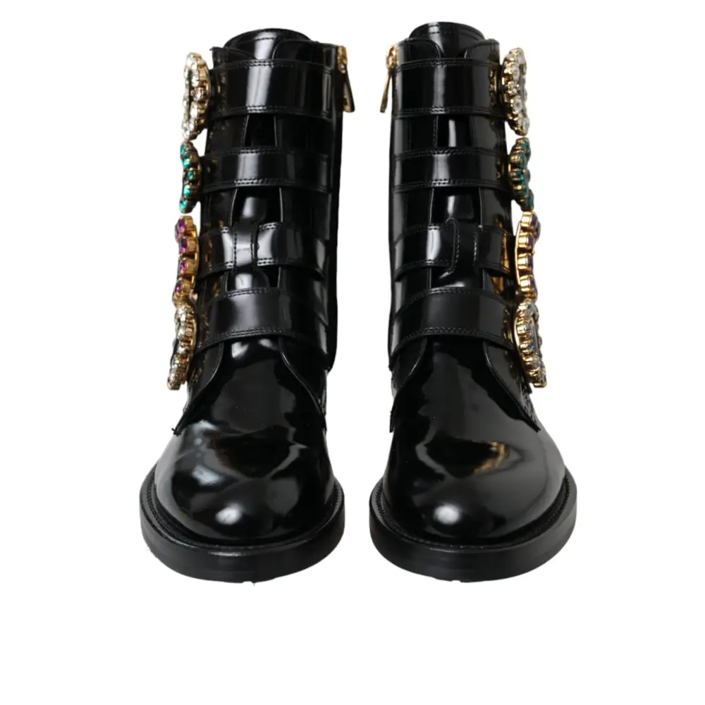 Dolce & Gabbana Schwarz Leder Kristall Schnallen Stiefel Schuhe - EU35/US4.5