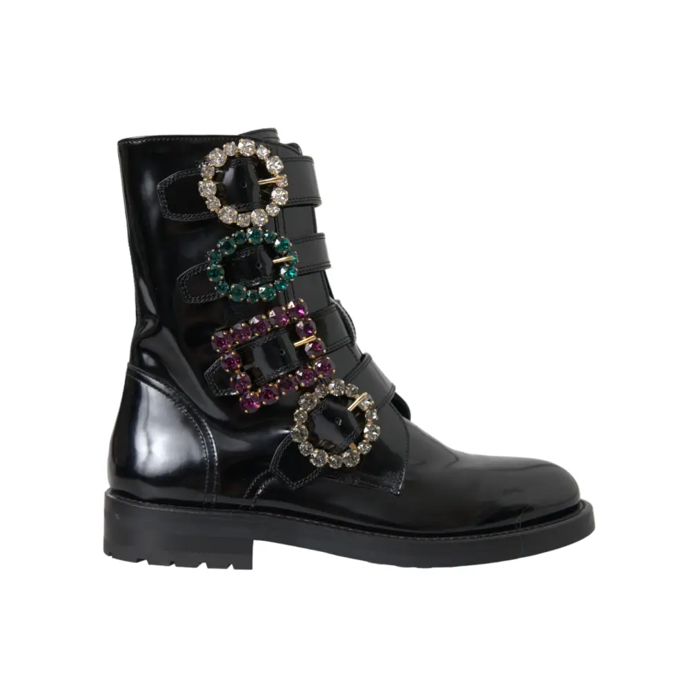 Dolce & Gabbana Schwarz Leder Kristall Schnallen Stiefel Schuhe - EU35/US4.5